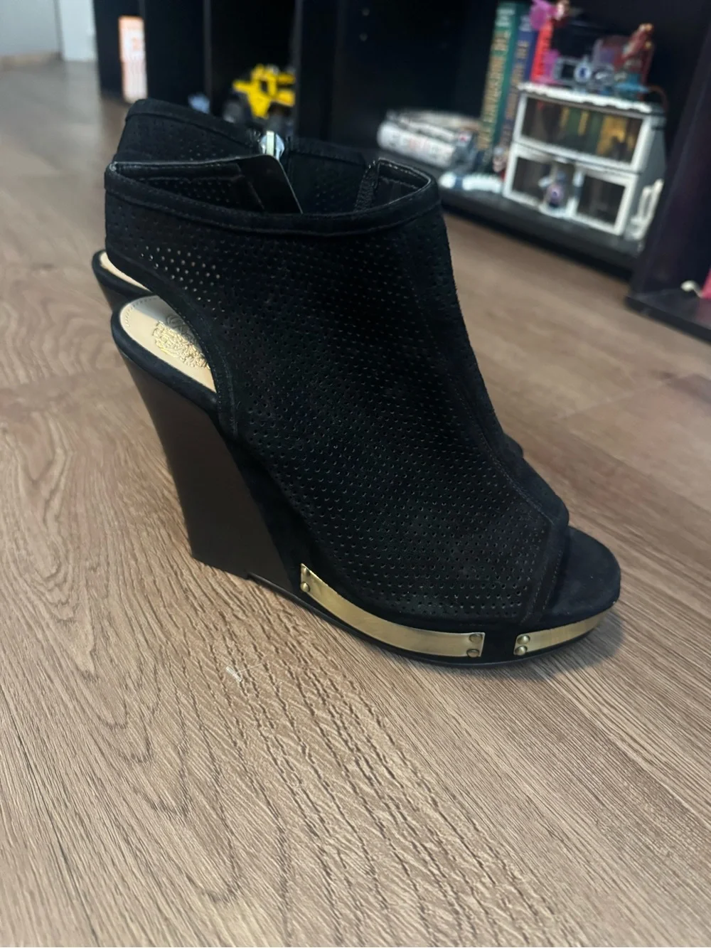Vince Camuto Black Suede Open Toe/ Open Back Wedges